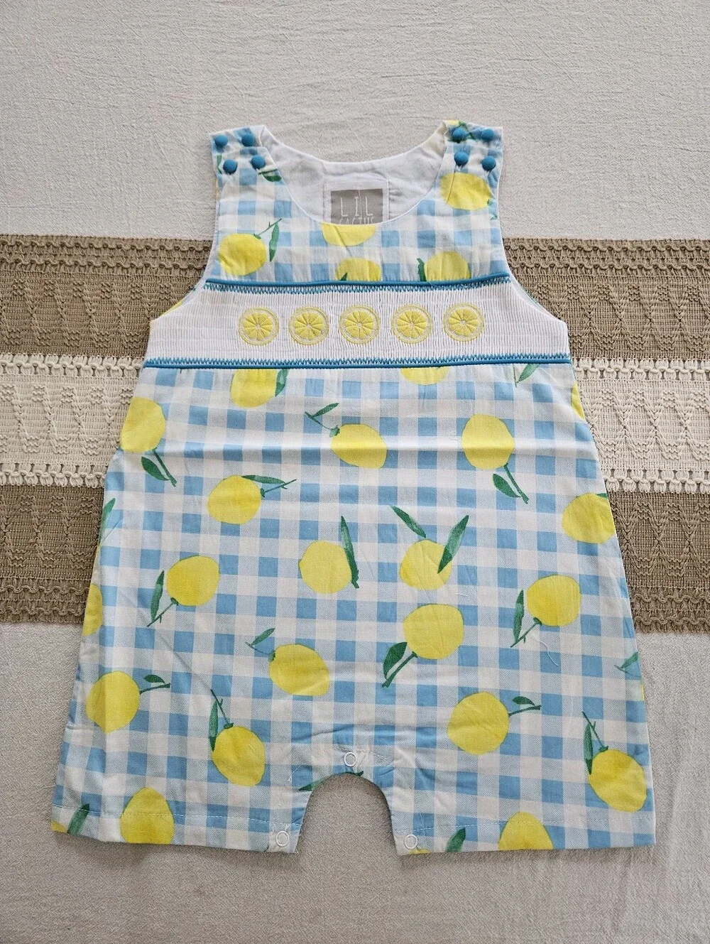 Lil Cactus Blue & White Gingham Lemon Smocked Jon Jon | Size 3T